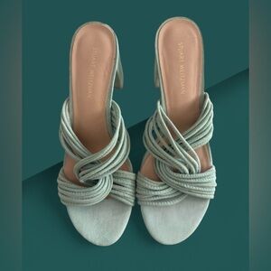 STUART WEITZMAN Twisted Eucalyptus Mint Suede Leather Block Heel Sandal Size 6.5